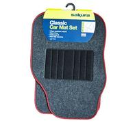 Sakura Car Mat Set of 4 Heavy Duty Hard Wearing Carpet Water Repellent Flexible Grey with Red Trim Universal Fit Front Rear Heelpad Non-Slip Backing RHD