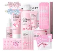 Sakura Skincare Kit ,19 PCS Japanese Cherry Blossom Facial Care Set with Cleanser, Toner, Serum, Cream, Sunscreen, Sleeping, Mud & Lip Masks, Hair Clips, Birthday & Christmas Gifts for Teenage Girl