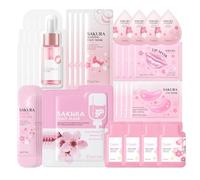 Sakura Skincare Set, 32Pcs Travel Kit with Cleanser,Face Serum,Face Cream, Mud Mask,Sleeping Face Mask,Lip Mask,Eye Patch & Hand Cream - Gift for Girls, Sleepover Parties & Pampering Routines