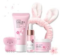 Sakura Skincare Set, Skincare Set Sakura Gifts, Skincare for Girlfriend, Gift Set for lady, hydrating routine with cleanser, serum, cream, headband, cleansing brush