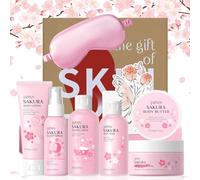 Sakura Sleep Partners Set, 8PCS Body Care Set with Scrub, Body Wash, Butter, Lotion, Foaming Bath & Pillow Spray, Christmas Holiday Self Care Pamper Goodnight Gifts for Girls Women, Travel Size
