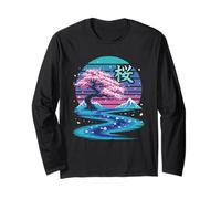 Sakura Tree and Mountain Scenery in Vaporwave Style Long Sleeve T-Shirt
