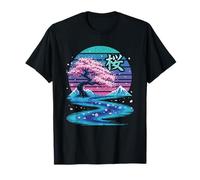 Sakura Tree and Mountain Scenery in Vaporwave Style T-Shirt
