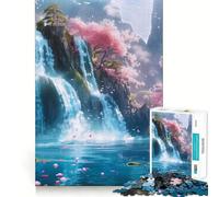 Sakura Trees And Waterfall Hard Jigsaw Puzzle for Adults 1000 Pieces Reason Skill Toy Family Time Tight Cut Art Collectible (38x52cm)