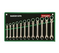 Sakusei Tools Ratchet Spanner Set 12pc Flexi Ratchet Combination Spanner Wrench Set with 12 Point Green Gear Ring Flexible Ratchet Spanner 8-19mm in Fabric Storage Roll(SAK0012FR)