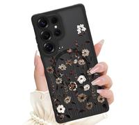 SAKUULO Magnetic for Samsung Galaxy S25 Ultra 6.9inch Case, Compatible with Magsafe Cute Black Wildflower Floral Pattern Silicone Camera Protection Matte Translucent Phone Case for Women Girls