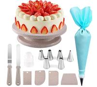 SAKUUMI 15pcs Cake Decorating Kit Includes Turntable 6 Piping Nozzles Straight & Offset Spatula 4 Scrapers Set Icing Coupler Silicone Pastry Bag, Baking Tools Accessories for Beginners, Beige