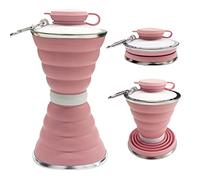 SAKUUMI Collapsible Water Bottle, 500ml Silicone Portable Travel Water Bottle with Carabiner and Strap Leak-Proof Reusable Foldable Cup for Sports Gym Camping Hiking Cycling Outdoor Activities, Pink