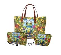 Salabomia 3 PCS Top Handle Tote Shoulder Bag for Women, Large Casual Handbag with Matching Wallet Cosmetic Case, Frog-green and Blue, One Size