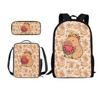 Salabomia Capybara Watermelon Printed Kids Backpack Set Large Lightweight Kids School Backpack Set with Insulated Lunch Bag Cute Pencil Case for Girls, Back to School Supplies, Brown