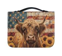 Salabomia Highland Cow Bible Cover Case PU Leather Book Cover for Girls Women, American Flag Scripture Bag Bible Cover Bags with Handle, Brown, XL