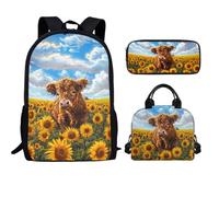 Salabomia Highland Cow Kids Backpack for Girls Elementary School with Lunch Box Pencil Case, Cute Bookbag Set for Girls Boys Large School Bag for Primary Elementary Junior School Student