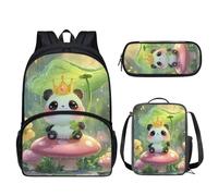 Salabomia Panda Mushroom Print School Bag Set for Girls Boys, 3 Pack Kids Backpack Set for Elementary Middle School with Insulated Thermal Lunch Bag with Kawaii Pencil Case, Green