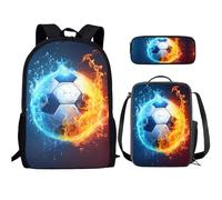 Salabomia Soccer Backpack for Boys Kids School Bookbag 3 in 1 Set School Bag with Lunch Bag Pencil Case, Lightweight Boys Backpack for Elementary Middle High School, Blue and Orange