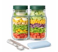 Salad Bowl Jar with Lid, Side Opening Salad Pod Lunch Solution, Free Food Grade Salad Container with Leakproof Dressing Cup, Meal Prep for Work, Gym,On The Go (Basic Set(2PCS Salad Pod + Cutlery))