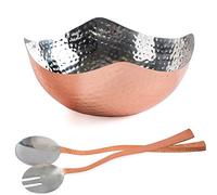 Salad Bowl with Servers - 3 Pc Set - Hammered Copper Salad Bowl - 9.5 Inch Hammered Serving Bowl