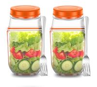 Salad Pod with Stainless Steel Fork, 700ml Salads Jar with Side Opening, Salad Container for Lunch, Built-in Bowl Design, Wet Dry Separation Vertical Layering Lunchable Containers (Orange 2PCS)
