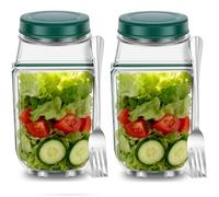 Salad Pod with Stainless Steel Fork, 700ml Salads Jar with Side Opening, Salad Container for Lunch, Built-in Bowl Design, Wet Dry Separation Vertical Layering Lunchable Containers (Green 2PCS)
