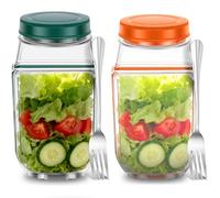 Salad Pod with Stainless Steel Fork, 700ml Salads Jar with Side Opening, Salad Container for Lunch, Built-in Bowl Design, Wet Dry Separation Vertical Layering Lunchable Containers (Green+Orange)