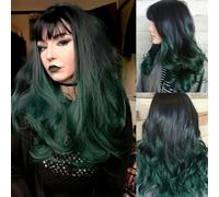 Salaibs Black Green Curly Womens Wig with Bangs Dark Root Long Wavy Hair Wig Cosplay Halloween Daliy Wigs