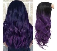 Salaibs Black to Purple Long Curly Womens Wig Ombre Purple Wavy Middle Part Hair Wigs Synthetic Fiber Cosplay Halloween Wig