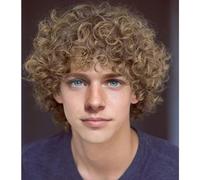 Salaibs Curly Light Brown Afro Wigs for Men Short Fluffy Synthetic Natural Male Wig Heat Resistant Fiber Hair Wig for Cosplay Daily Use