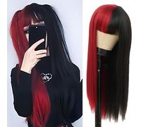 Salaibs Half Red Half Black Wigs for Women Long Straight Natural Synthetic Wig with Bangs for Halloween Party Costume Hair Wig (Red Black)