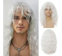 Salaibs Mens White Curly Long Wig with Bangs 70s 80s Kinky Curly Rocker Fluffy Hair Wigs Punk Heavy Perfect Synthetic Fiber Wig for Cosplay Halloween Use