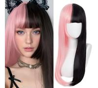 Salaibs Pink and Black Straight Wigs for Women Anime Sythetic Long Hair Wig with Bangs Heat Resistant Fiber Cosplay Halloween Wig