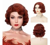 Salaibs Red Short Curly Wigs for Women Brownish Red 1920s Finger Wave Wig Synthetic Fiber 30s Disco Costume Hair Wig for Cosplay Halloween Use