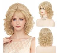 Salaibs Womens Blonde Short Curly Wig with Bangs Shoulder Lenght 70s 80s Retro Hair Wigs Natural Heat Resistant Fiber Wig for Cosplay Costume Disco Party Use