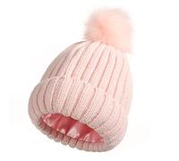 Salalacap Womens Satin Lined Winter Beanie Cable Knit Beanie for Women Silk Lining Thick Chunky Hat Skull Warm Cap (Pom-Detachable-Pink), One Size