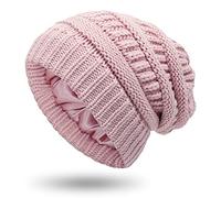 Salalacap Womens Satin Lined Winter Beanie Cable Knit Beanie for Women Silk Lining Thick Chunky Hats Skull Warm Cap, Large-Slouchy-Pink, One Size