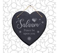 Salam Peace Be Upon You Engraved Islamic Wall Hanging Slate Heart Plaque Sign