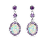 SALAN Large White Fire Opal Oval Stone Earrings Silver Plated Violet Lilac Purple Zircon Crystal Vintage Party Jewelry Women
