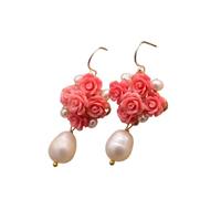 SALAN Original Handmade Natural Coral Red Flower Women's Drop Earring Natural Pearl Dangle Earrings Luxury Fine Jewelry