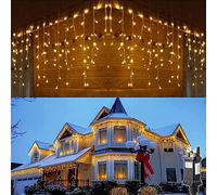 SALCAR 5m 200 LEDs Icicle Lights Mains Powered, Christmas Lights with 24 Drops, Icicle Fairy Lights with 8 Flashing Modes, Outdoor Garden Wall Eaves Christmas Decorations - Warm White