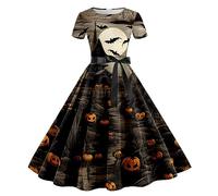 Sale Clearance Halloween Dress, Women Pumpkin Skull Skater Evening Party Prom Cocktail Swing Dress Vintage Elegant A-line Skull Dress Halloween Costumes for Women Long Sleeve Round Neck