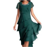 Sale Dresses for Women UK Clearance, Ruffle Short Sleeve Layered Dress with Chiffon Overlay, Summer Wedding Guest Cocktail Party Dresses, Formal Church Midi Dress My Orders Deals Order Green