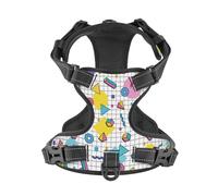 Salelf 80s 90s Memphis Pattern No Pull Dog Harness Reflective Adjustable Pet VES No Choke Front Clip Pet Harness with 2 Leash Clips + 1 Pet Leash for Large Dog Walking