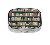 Salelf Bookshelves Full of Books Pill Box 2 Compartment Medicine Pill Case Portable Metal Pill Organizer Vitamin Travel Case Pill Holder for Purses