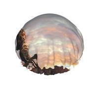 Salelf Elephant Giraffe On A Mountain Top Sunset Shower Caps for Women Reusable Waterproof Soft Women Shower Hat Reusable Hair Cap for Shower Double Protection Layers