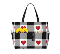 Salelf Heart Black Buffalo Plaid Gingham Large Beach Tote Bag for Women Extra Large Capacity Waterproof Sandproof Pool Bag Suitable for Swimming Pool Gym Travel
