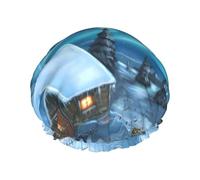Salelf Mountain Cottage In Snow And Northern Lights Shower Caps for Women Reusable Waterproof Soft Women Shower Hat Reusable Hair Cap for Shower Double Protection Layers