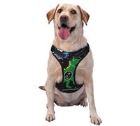 Salelf Space Dino Cartoon Black No Pull Dog Harness Reflective Adjustable Pet VES No Choke Front Clip Pet Harness with 2 Leash Clips + 1 Pet Leash for Large Dog Walking
