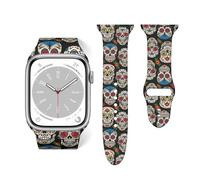 Salelf Sugar Skulls and Roses for Extra Long Apple Watch Band with Dual Buckle, Stretchy Silicone Strap, Sport Fashion Bands for Women Men Compatible with iWatch Series 9/8/SE, Silicone