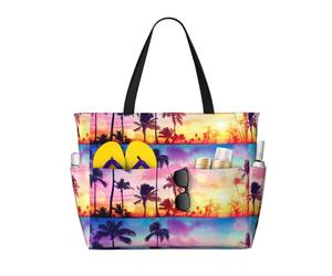Salelf Tropical Palm Tree at Sunset Large Beach Tote Bag for Women Extra Large Capacity Waterproof Sandproof Pool Bag Suitable for Swimming Pool Gym Travel, Black, One Size