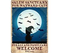 Salem Sanctuary For Wayward Cats Ferals And Familiars Welcome Sign Metal Tin Signs Wall Decor, Vintage Black Cat Moon Inspirational Art Poster Plaque For Bedroom, Coffee 8x12 Inch