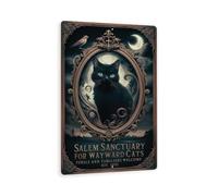 "Salem Sanctuary For Wayward Cats" Gothic Metal Sign - Black Cat, Crescent Moon, And Bird Art - 8"x 12" Mystical Wall Decor For Halloween And Cat Lovers
