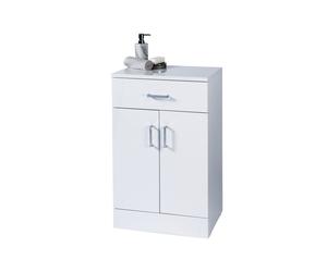 SALER - Salerno Freestanding White Gloss Bathroom Cabinet: Double Doors, Drawer, Soft-Close, 805035 cm, Pre-assembled, Adjustable Shelf